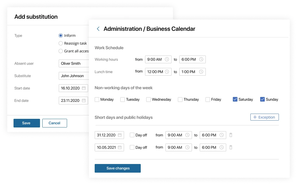 Substitutions. Business calendar